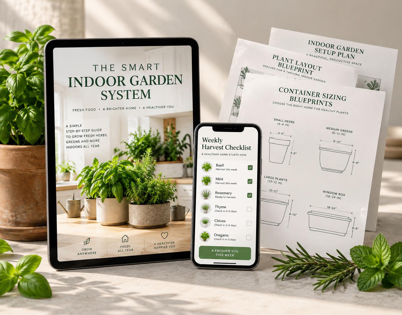 The Smart Indoor Garden System guide displayed on a tablet with phone checklist and printable blueprints